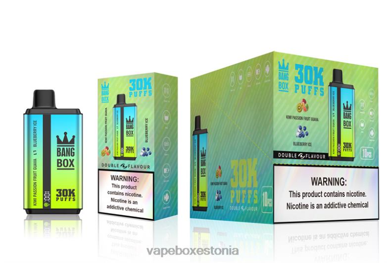 Vape Liquid - Bang Box 30 000 pahvi kahekordse maitsega 4R2L665 kiivi passionivilja guajaav ja mustikajää